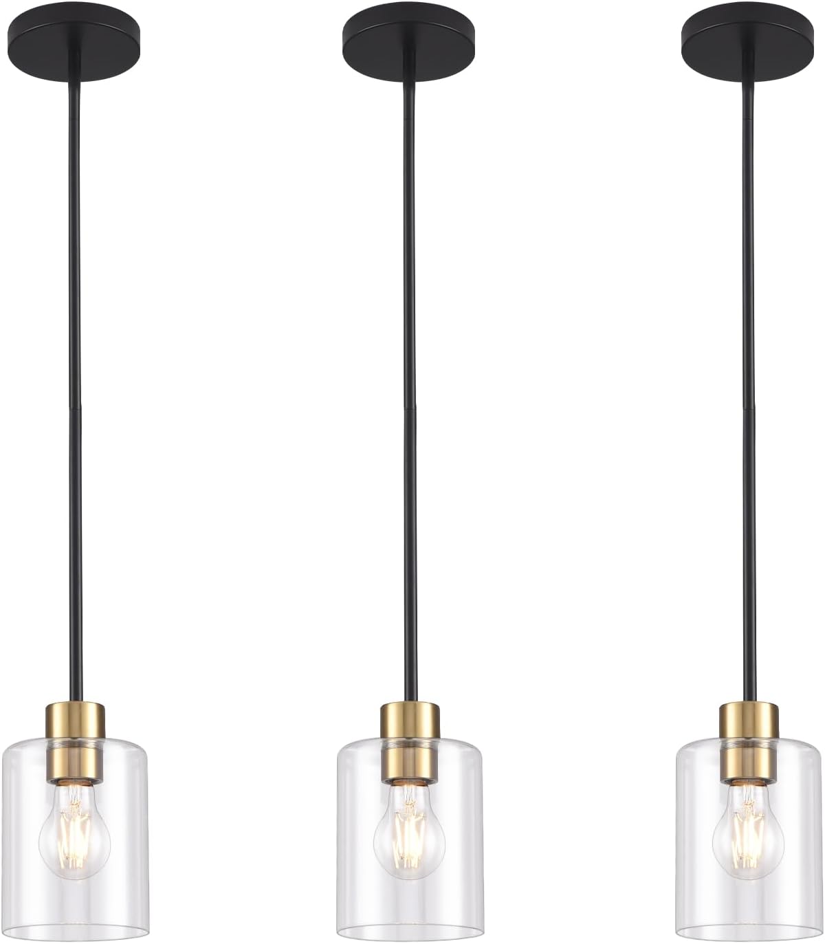 Modern Black Farmhouse Clear Glass Cylinder Pendant Light Fixture,Island Lights for Kitchen,Mini Pendant Lighting for Kitchen Island Decor - 4.75 Inch Shade 58 Inch Cord (Black 2 Pack)