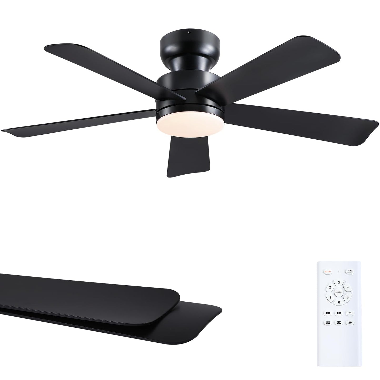 Asyko 46"Black 6-Blade Modern Low Profile Ceiling Fan with Light and Remote | 6 Double-Sided Blades,6 Wind Speeds, Reversible,Dimmable 3 CCT LED Light, 25W Quiet DC Motor,1/2H Timer,for Bedroom Kitchen