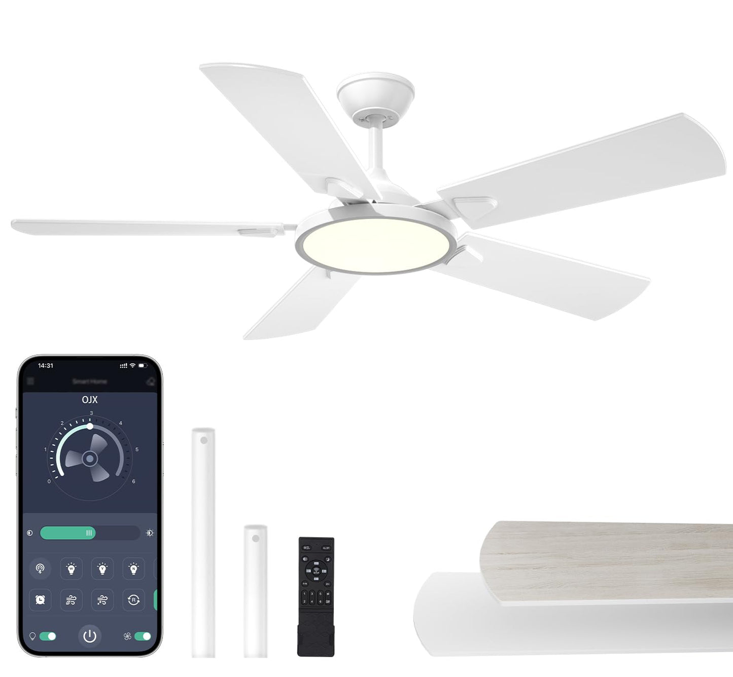 OJX Ceiling Fans with Lights, 52 inch Ceiling fan with Light and Remote/APP Control, 3CCT, Quiet DC Reversible, Dimmable, Modern Ceiling Fan for Bedroom, Living Room, Kitchen, Indoor/Outdoor Use