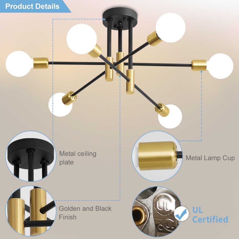 Modern Chandelier Ceiling Light Fixture, 6-Light Sputnik Dining Chandeliers | 31.18" Gold Chandelier Over Table, Mid Century Lights Fixture, Ideal for Dining Room Living Room Kitchen Island(No Lampshade)