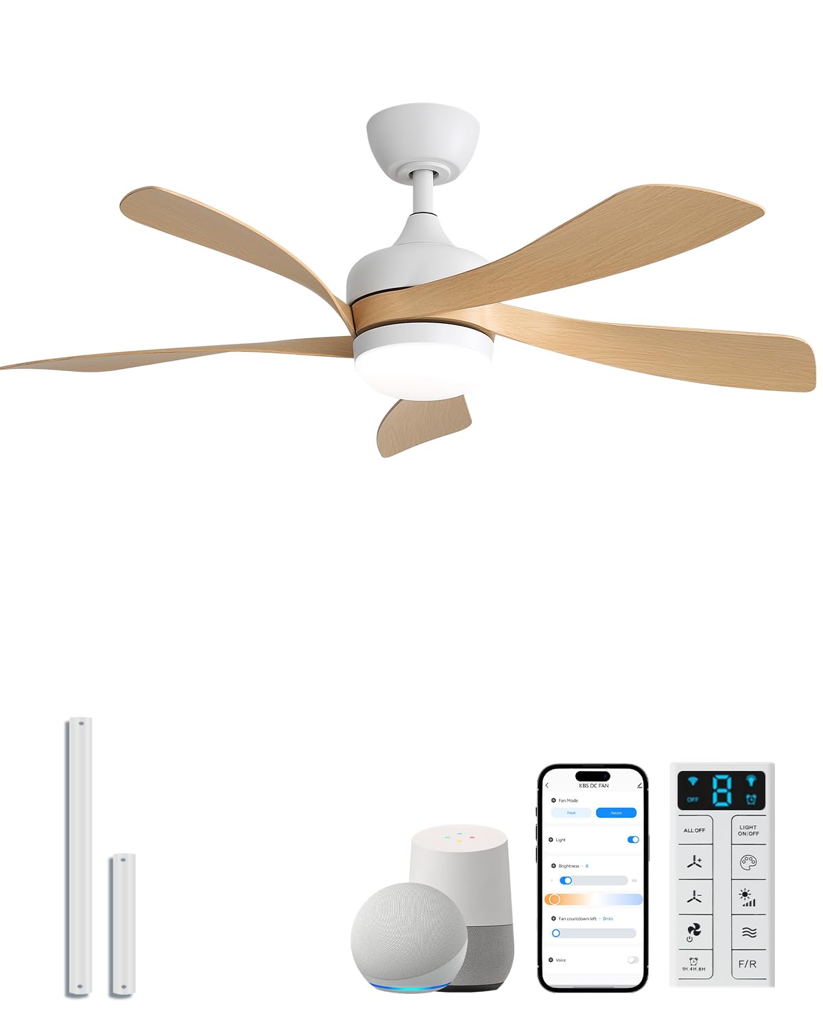 Sofucor 52 Inch Ceiling Fan with Light, 5 ABS Blades Brown | Remote Control Compatible, Reversible Quiet DC Motor, Timer, 6 Speeds, 3-CCT for Living Room Bedroom Patio Farmhouse