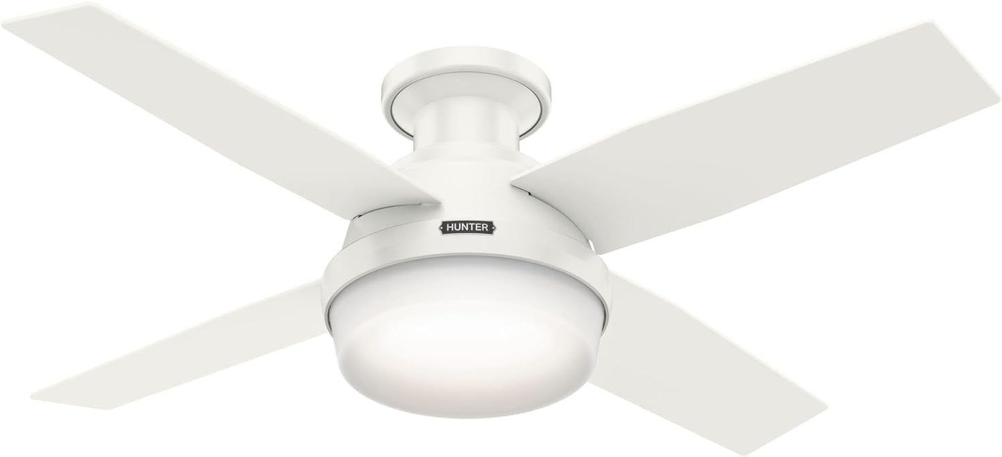 Hunter 44 inch Indoor Ceiling Fan with LED Light and Remote Control - White Modern Ceiling Fan, Low Profile Mount, 4 Blades, For Bedroom, Living Room, or Kitchen, Quiet - Dempsey 59244, Fresh White | with LED Light and Remote Control, Low Profile Mount, 4