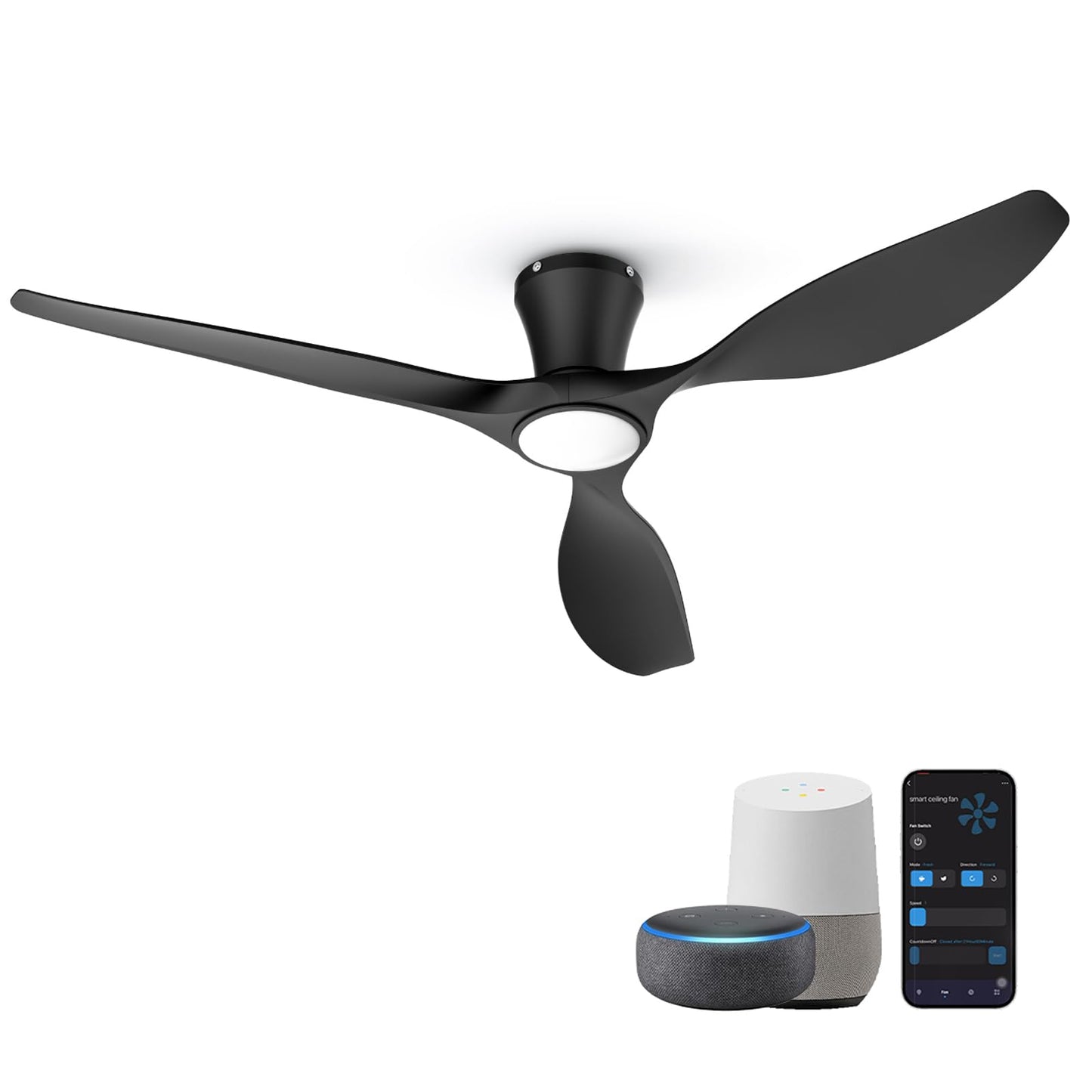 TALOYA 52 Inch Ceiling Fan with Led Light Remote Control Flush Mount Low Profile for Bedroom Farmhouse Patio Outdoor Living Room Kitchen Dining Room,DC Motor,Reversible,Black