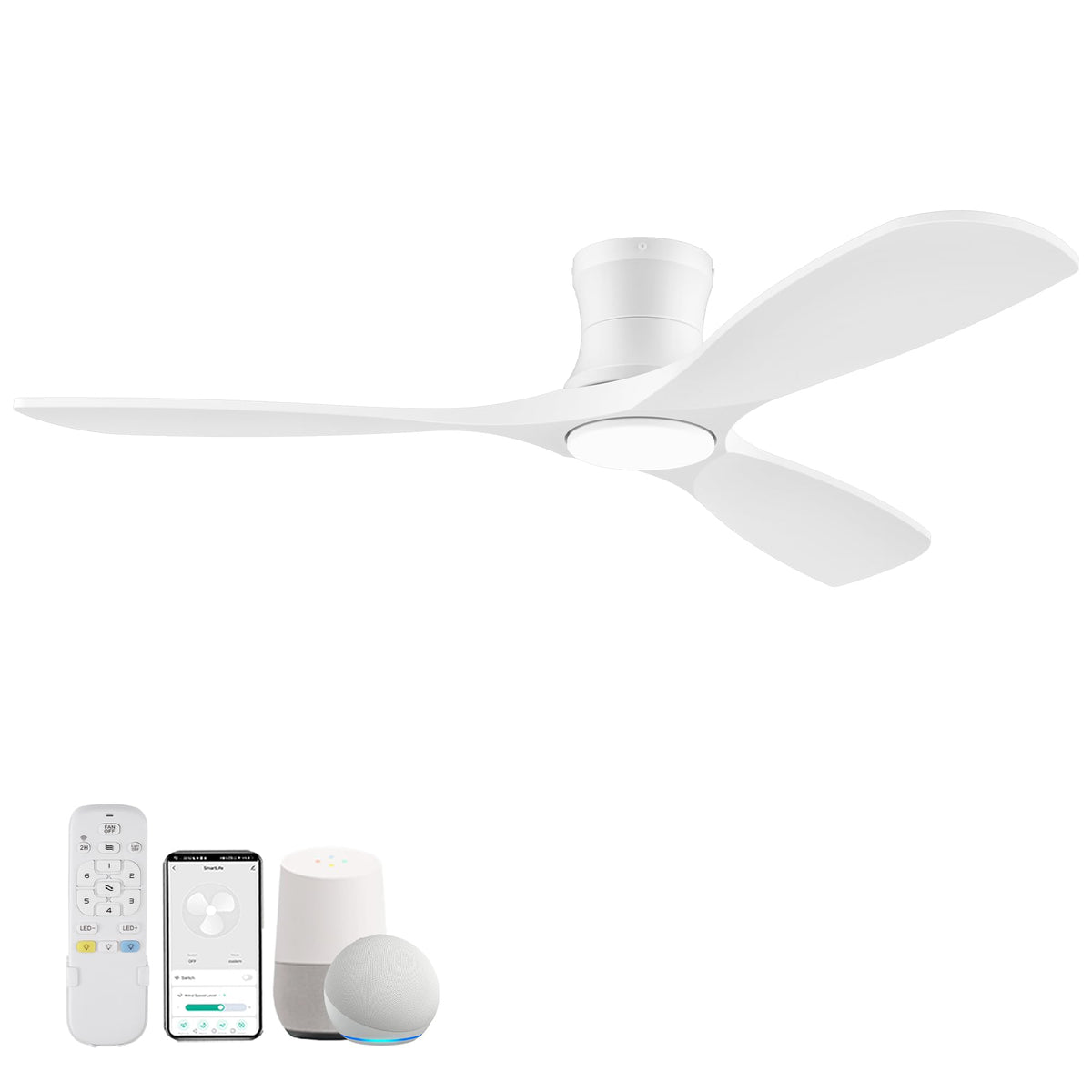 Livory 52” Wood Smart Flush Mount Ceiling Fans with Lights and Remote,Quiet DC Motor,Outdoor Indoor Ultra Low Profile Ceiling Fan works with Alexa WIFI APP,Modern White Ceiling Fan for Bedroom Patio
