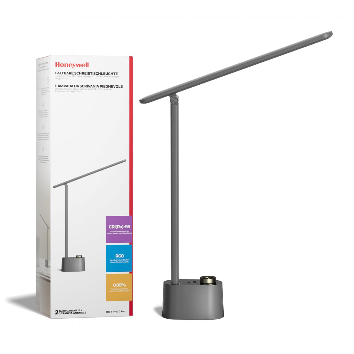 Honeywell H01 Pro Eye-Caring Compact LED Desk Lamp for Reading Home Office | Sunturalux Chips, CRI≥95, 3000K-5500K, A+C Charging, Dimmable Desk Light for College Dorm, Black