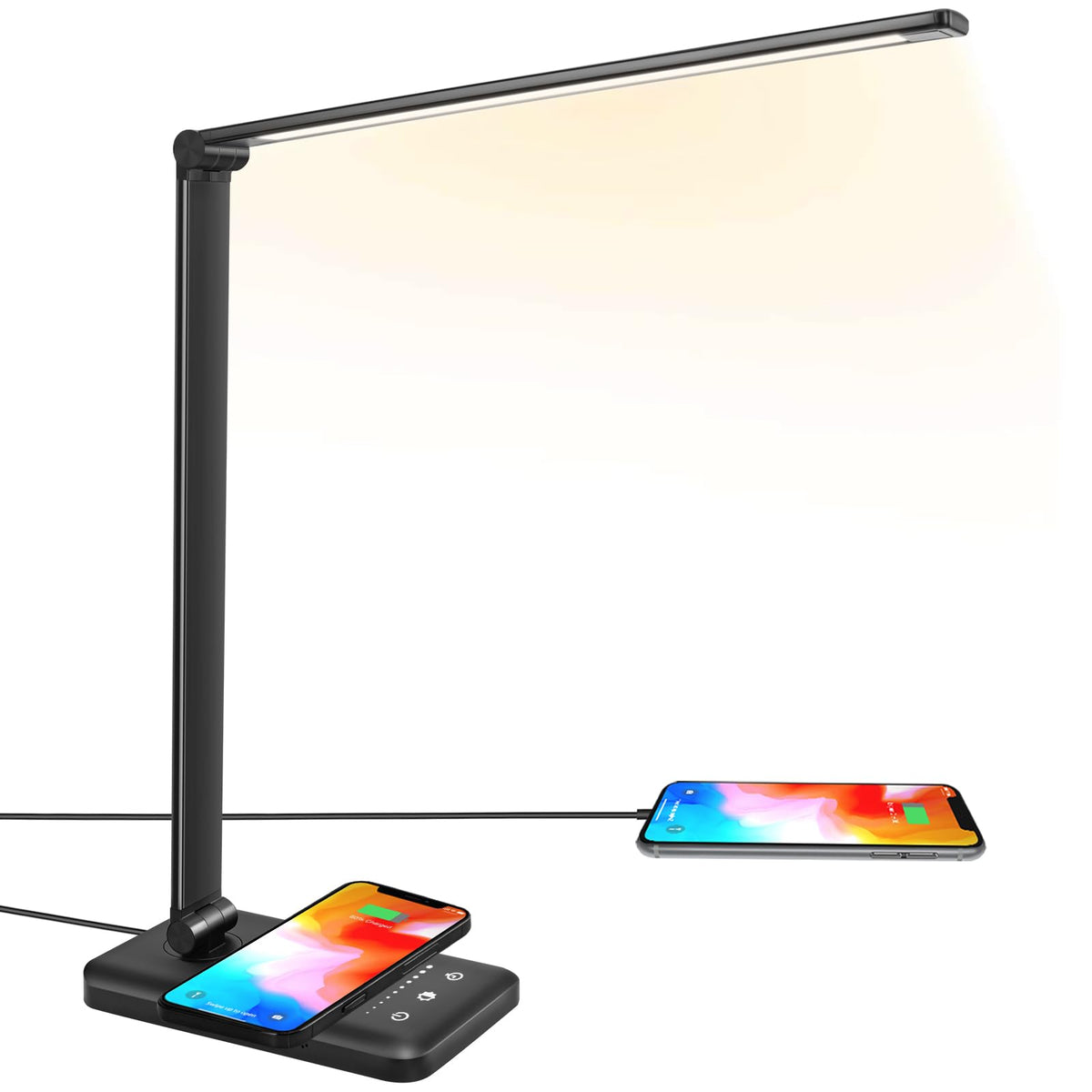 LED Desk Lamp with Wireless Charger, USB Charging Port, 10 Brightness, 5 Color Modes, Desk Lamps for Home Office, Dimmable Table Lamp Eye Caring Reading Light, Touch Control, Auto Timer, Black