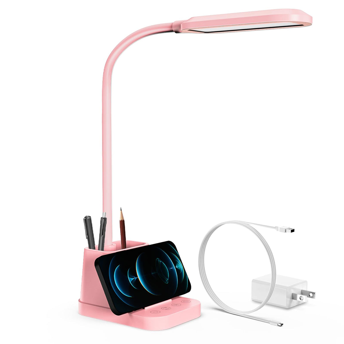 LED Desk Lamp with USB Charging Port for College Dorm Room | for Home Office Bedrooms, Back to School, Black, Small, 650LM, Pen Holder, Timer Settings, Gooseneck, Study Light