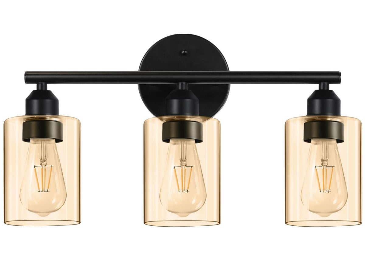 3-Light Black Modern Bathroom Vanity Light Fixtures, 17.3" | Glass Shade, For Bathroom Mirror, Kitchen, Living Room, Bath, Metal