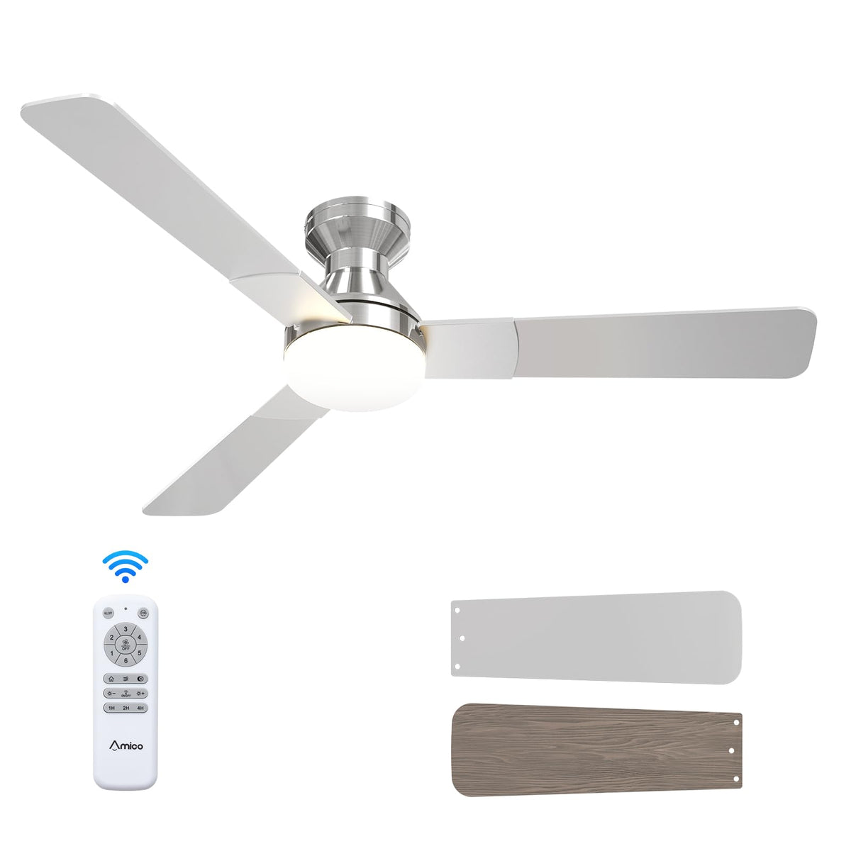 Amico 52 Inch Black Low Profile Ceiling Fans with Lights and Remote | Flush mount, 3-color dimmable light, quiet reversible DC motor, easy install, memory, timer, bedroom, covered outdoor areas