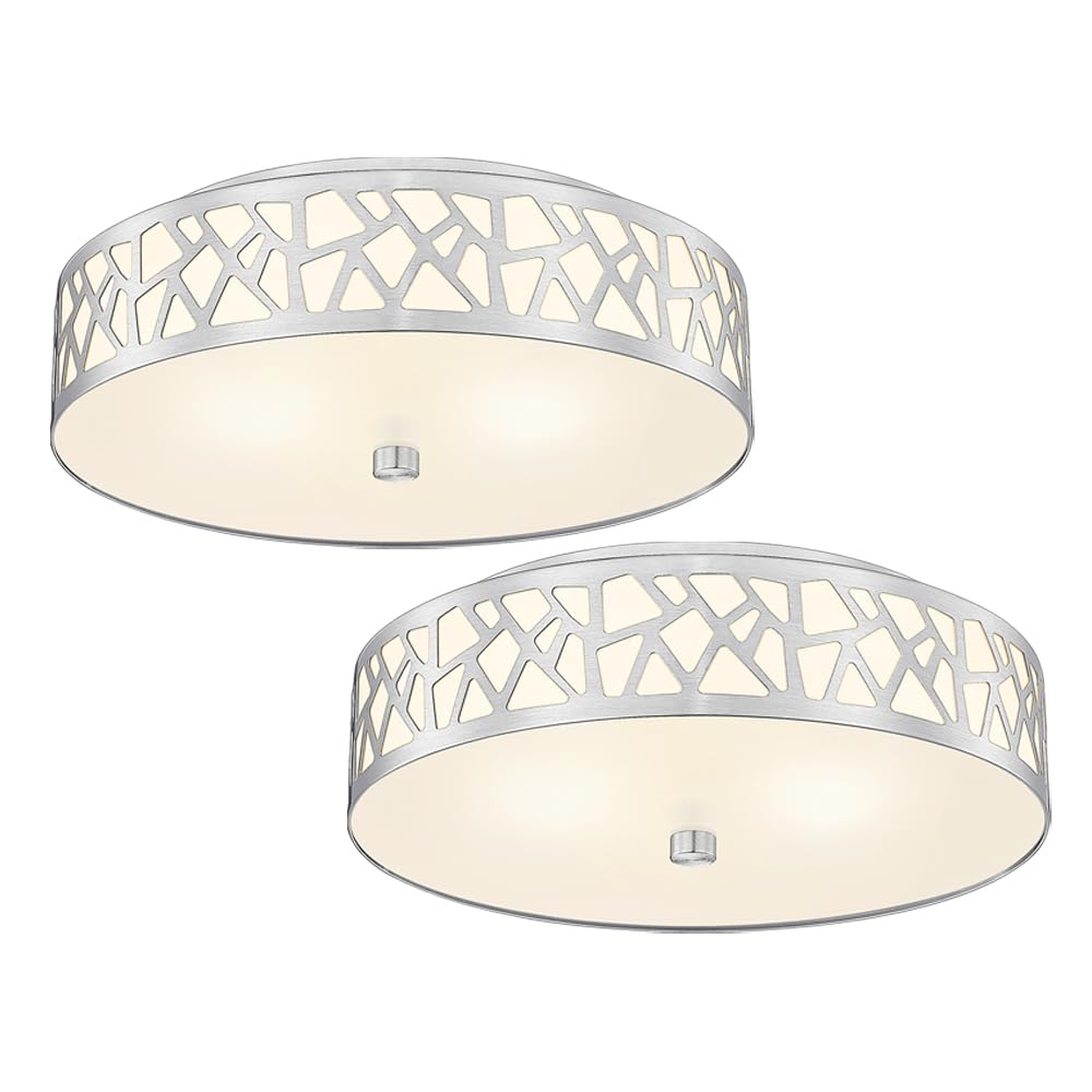 2-Light Flush Mount Ceiling Light, 12 Inch Modern Light Fixtures | Ceiling Mount with White Metal and Frosted Glass Shade for Bedroom,Hallway, Kitchen