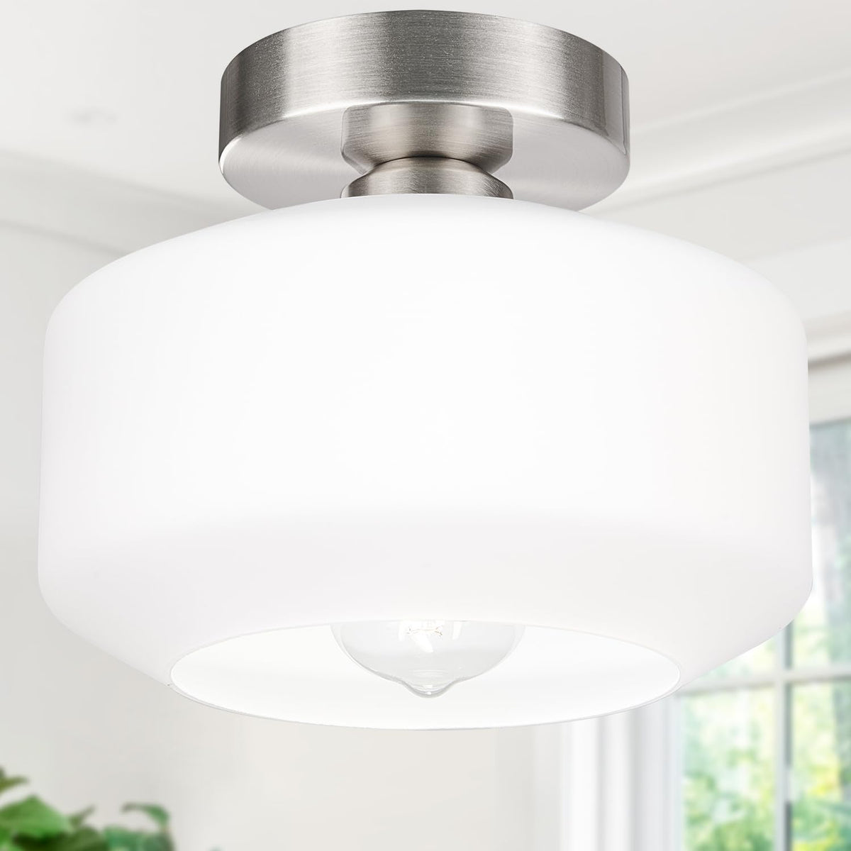 Industrial Semi Flush Mount Ceiling Light, 800 Lumen LED Bulb Included, Seeded Glass Shade Farmhouse Light Fixture for Hallway Corridor Kitchen Bathroom Bedroom Passway