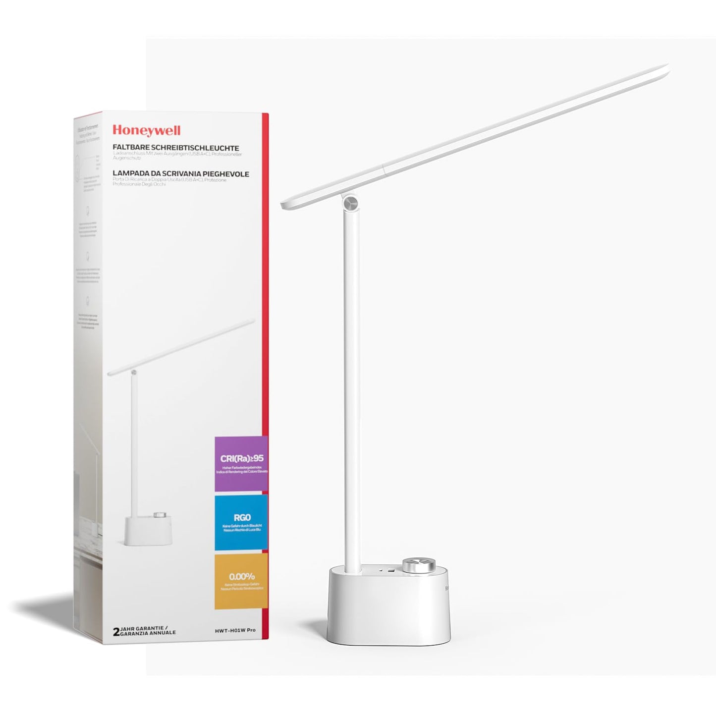 Honeywell H01 Pro Eye-Caring Compact LED Desk Lamp for Reading Home Office | Sunturalux Chips, CRI≥95, 3000K-5500K, A+C Charging, Dimmable Desk Light for College Dorm, Black