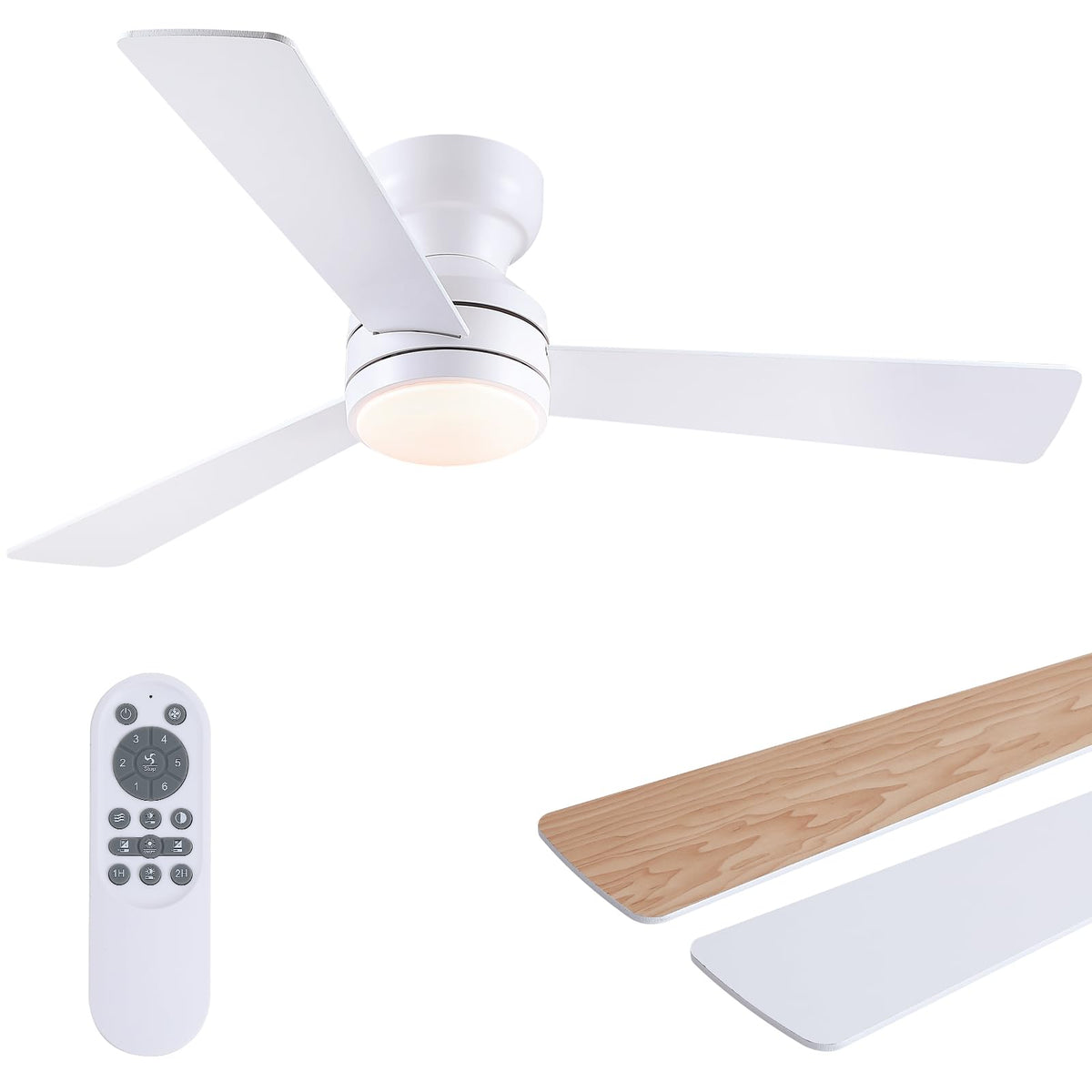Asyko 46"Black 6-Blade Modern Low Profile Ceiling Fan with Light and Remote | 6 Double-Sided Blades,6 Wind Speeds, Reversible,Dimmable 3 CCT LED Light, 25W Quiet DC Motor,1/2H Timer,for Bedroom Kitchen