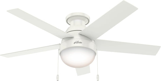 Hunter Anslee, Indoor, Ceiling Fan, with LED Light, 46 inch, Fresh White | Low Profile Mount, Pull Chain, 5 Blades, For Bedroom, Living Room, Kitchen, 59269