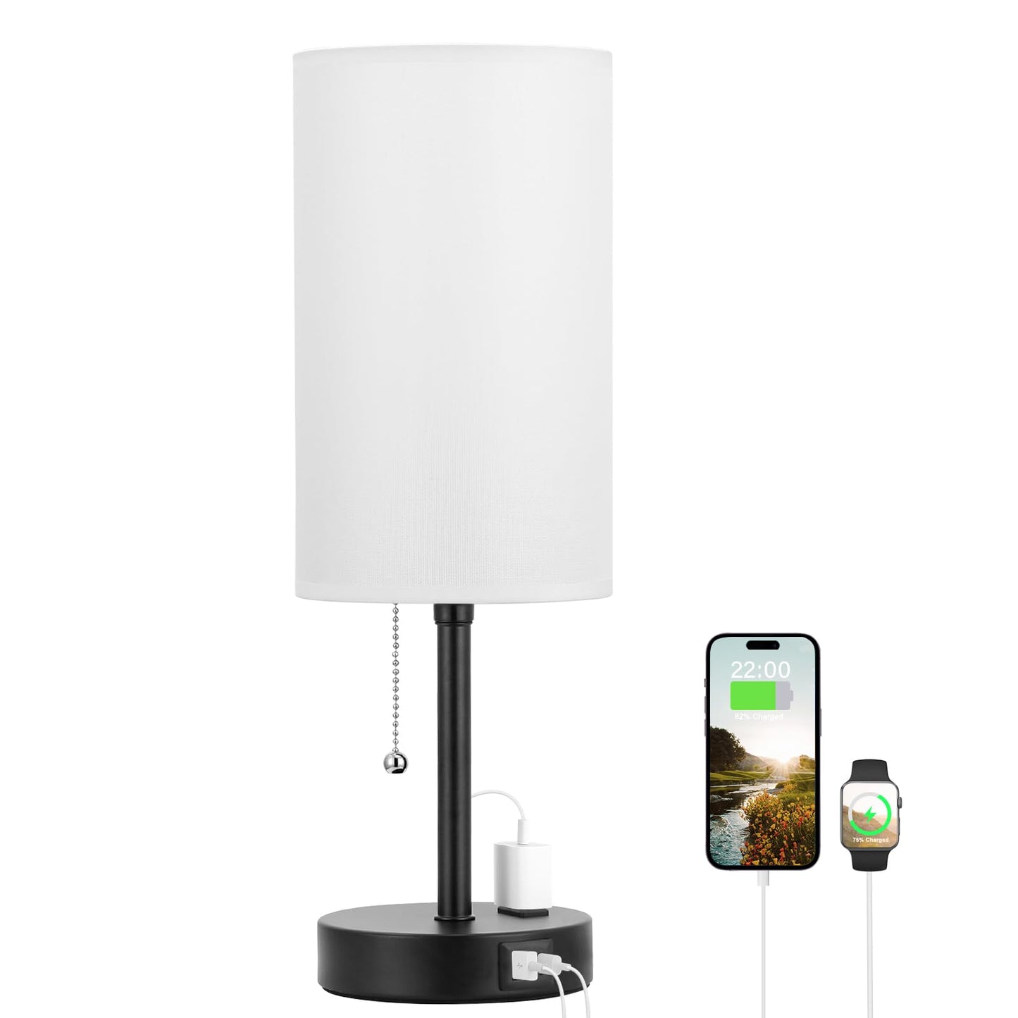 Dicoool Bedside Table Lamp for Bedroom - Small Desk Lamp with USB Ports | USB A+C Ports, AC Outlet, 3 Color Temperatures, LED Bulb Included, White Fabric Shade, Black Metal Base, 14" Nightstand lamp
