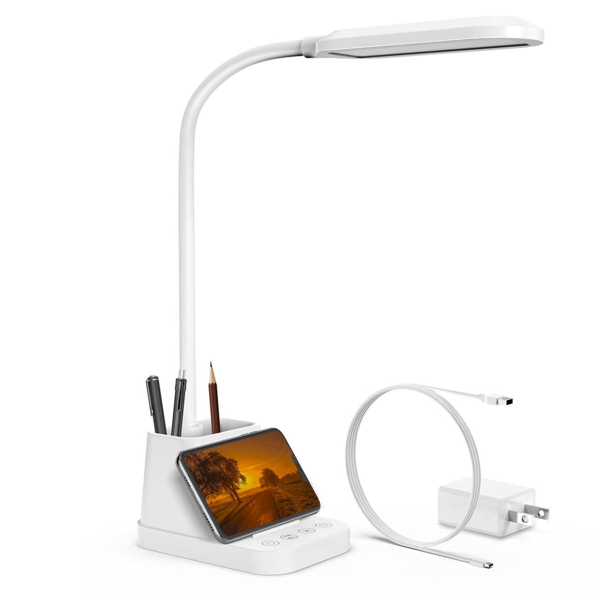 LED Desk Lamp with USB Charging Port for College Dorm Room | for Home Office Bedrooms, Back to School, Black, Small, 650LM, Pen Holder, Timer Settings, Gooseneck, Study Light