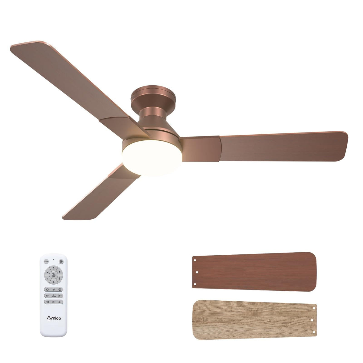 Amico 52 Inch Black Low Profile Ceiling Fans with Lights and Remote | Flush mount, 3-color dimmable light, quiet reversible DC motor, easy install, memory, timer, bedroom, covered outdoor areas