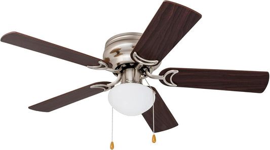 Prominence Home Alvina 42 Inch Traditional Flush Mount Ceiling Fan with Light, Pull Chain, Dual Finish Blades, Reversible Motor, Brushed Nickel