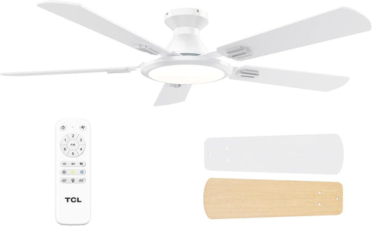 TCL 52" White Low Profile Ceiling Fan with Light & Remote | 5-blade Flush Mount fan with quiet 6-speed reversible DC motor. Dimmable LED light. Ideal for bedroom, living room & garage