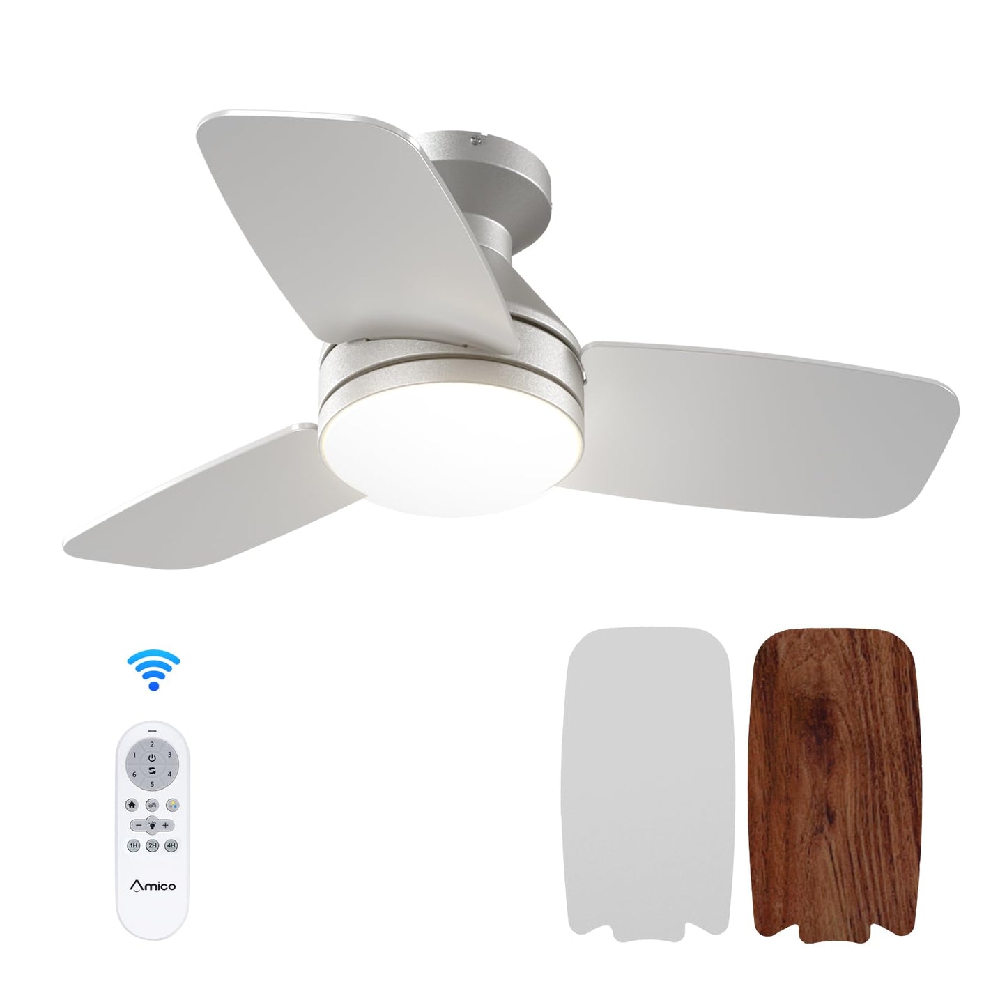 Amico 42 Inch White Low Profile Ceiling Fans with Lights and Remote | Flush mount, 3-color dimmable light, quiet reversible DC motor, easy install, memory, timer, bedroom, covered outdoor areas