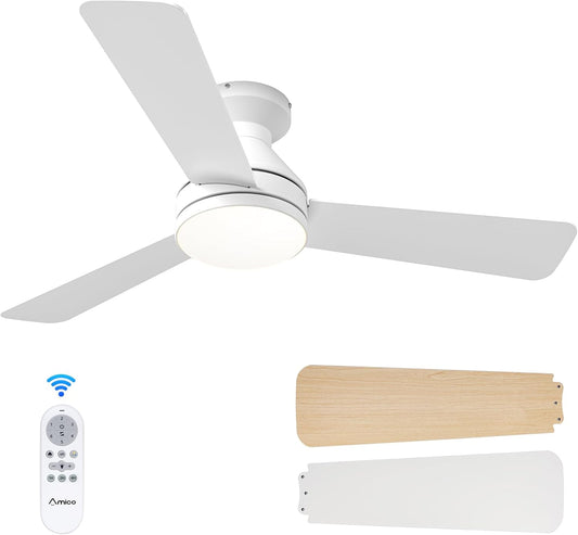 Amico 42 Inch White Low Profile Ceiling Fans with Lights and Remote | Flush mount, 3-color dimmable light, quiet reversible DC motor, easy install, memory, timer, bedroom, covered outdoor areas