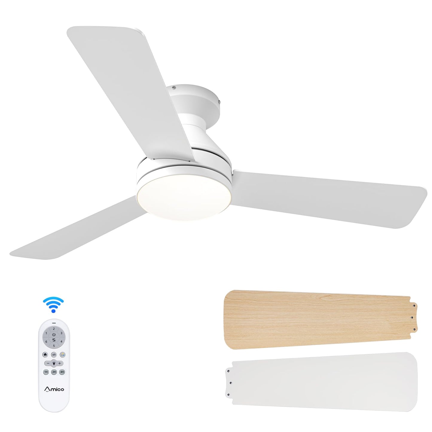 Amico 52 Inch Black Low Profile Ceiling Fans with Lights and Remote | Flush mount, 3-color dimmable light, quiet reversible DC motor, easy install, memory, timer, bedroom, covered outdoor areas