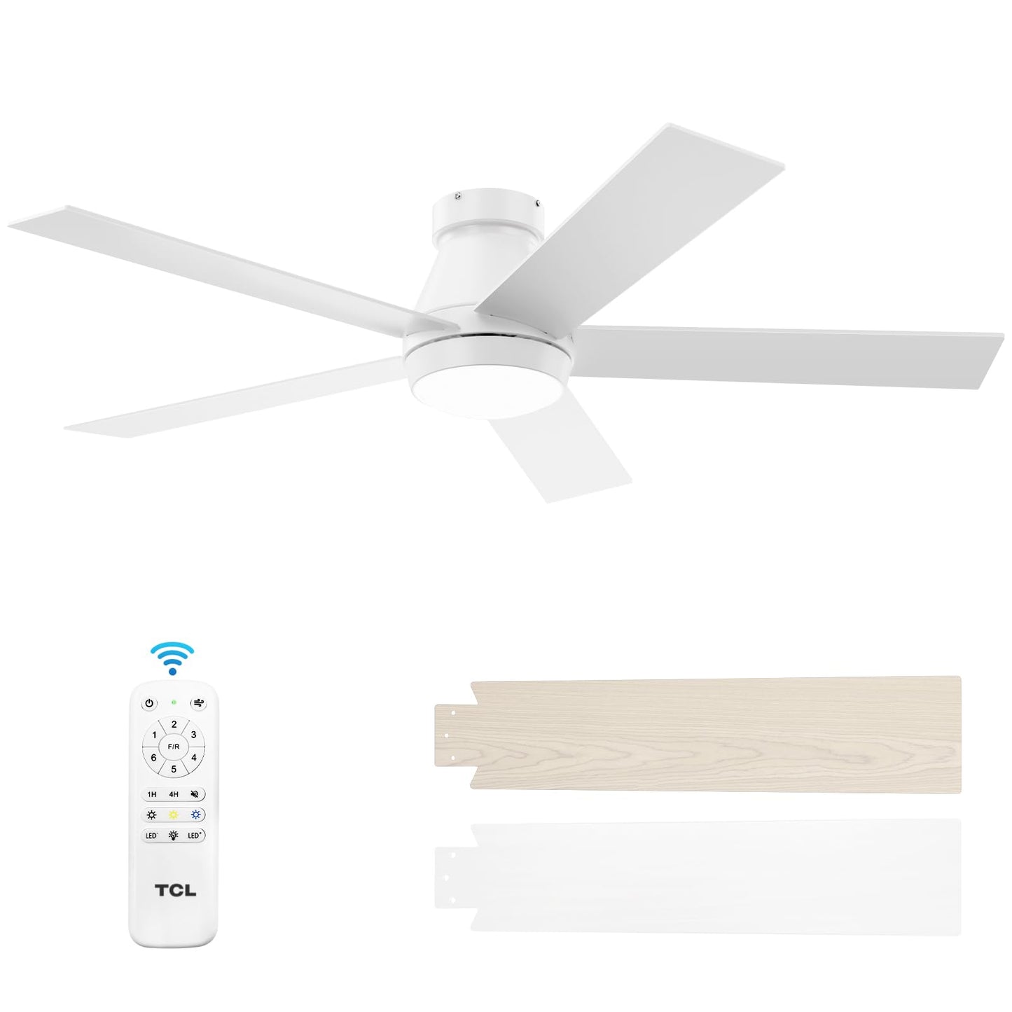 TCL 52" Black Flush Mount Ceiling Fan with Light & Remote | Low profile ceiling fan with quiet 6-speed reversible DC motor. Dimmable LED light. Ideal noiseless fan for bedroom