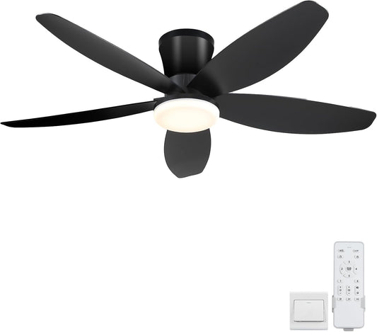 42" Ceiling Fans with Lights-Low Profile Ceiling Fan with Light and Remote Control,Flush Mount,DC Reversible,LED Dimmable Blakc Ceiling Fans for Bedroom,Indoor/Outdoor Patio Use