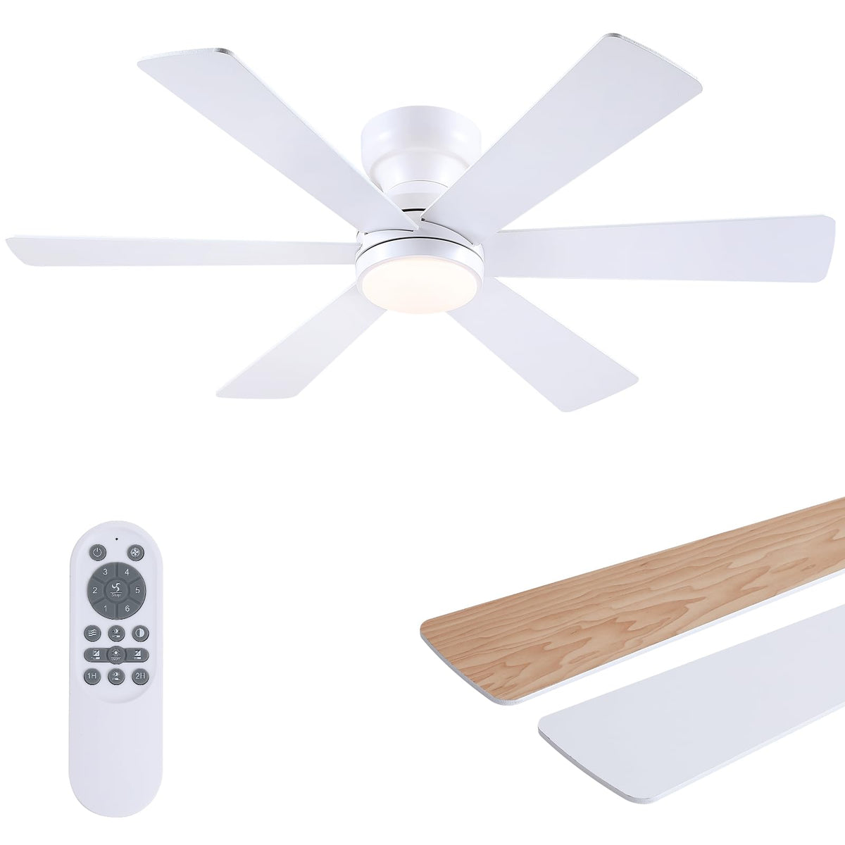 Asyko 46"Black 6-Blade Modern Low Profile Ceiling Fan with Light and Remote | 6 Double-Sided Blades,6 Wind Speeds, Reversible,Dimmable 3 CCT LED Light, 25W Quiet DC Motor,1/2H Timer,for Bedroom Kitchen