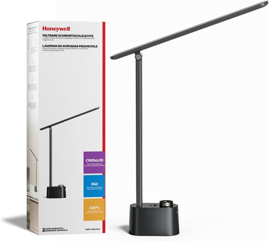 Honeywell H01 Pro Eye-Caring Compact LED Desk Lamp for Reading Home Office | Sunturalux Chips, CRI≥95, 3000K-5500K, A+C Charging, Dimmable Desk Light for College Dorm, Black