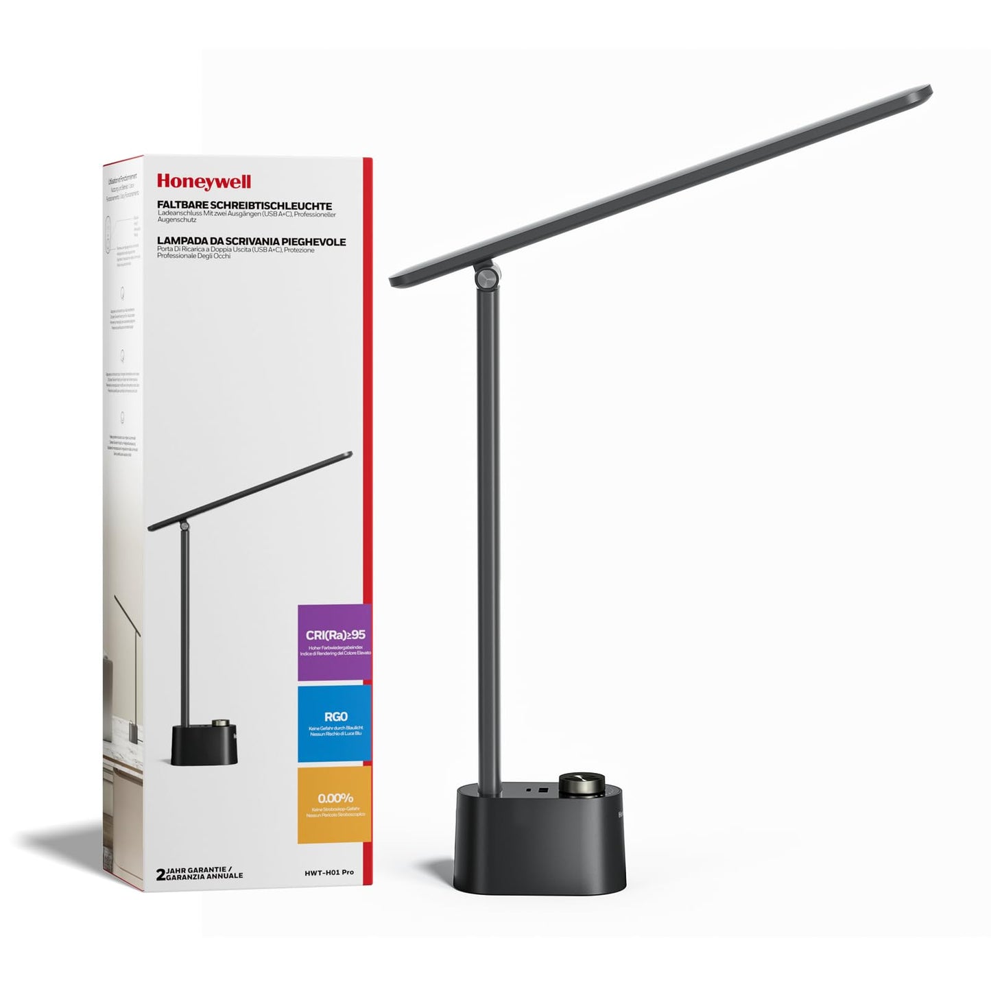 Honeywell H01 Pro Eye-Caring Compact LED Desk Lamp for Reading Home Office | Sunturalux Chips, CRI≥95, 3000K-5500K, A+C Charging, Dimmable Desk Light for College Dorm, Black