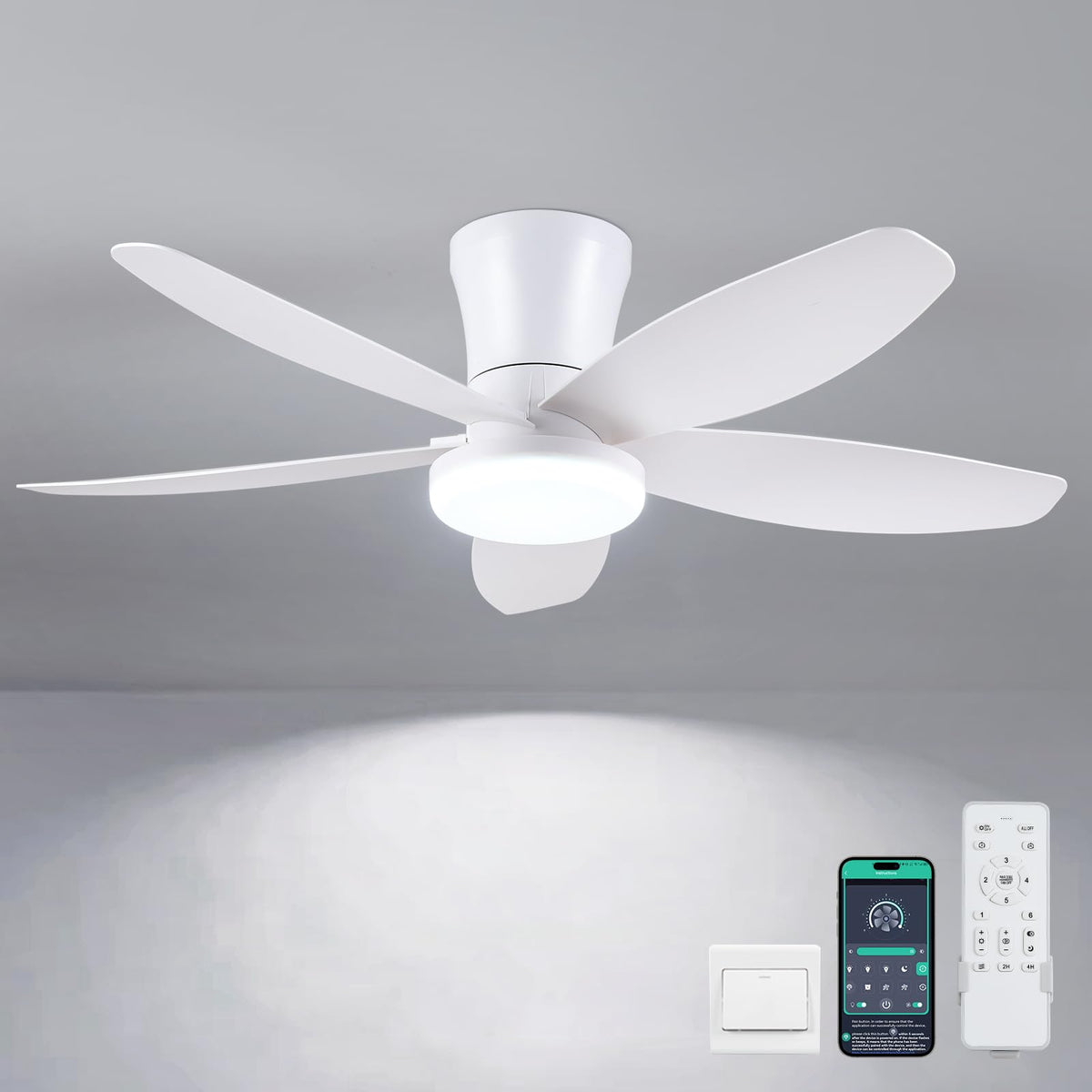 42" Ceiling Fans with Lights-Low Profile Ceiling Fan with Light and Remote Control,Flush Mount,DC Reversible,LED Dimmable Blakc Ceiling Fans for Bedroom,Indoor/Outdoor Patio Use