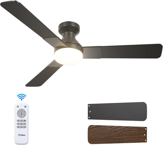 Amico 52 Inch Black Low Profile Ceiling Fans with Lights and Remote | Flush mount, 3-color dimmable light, quiet reversible DC motor, easy install, memory, timer, bedroom, covered outdoor areas