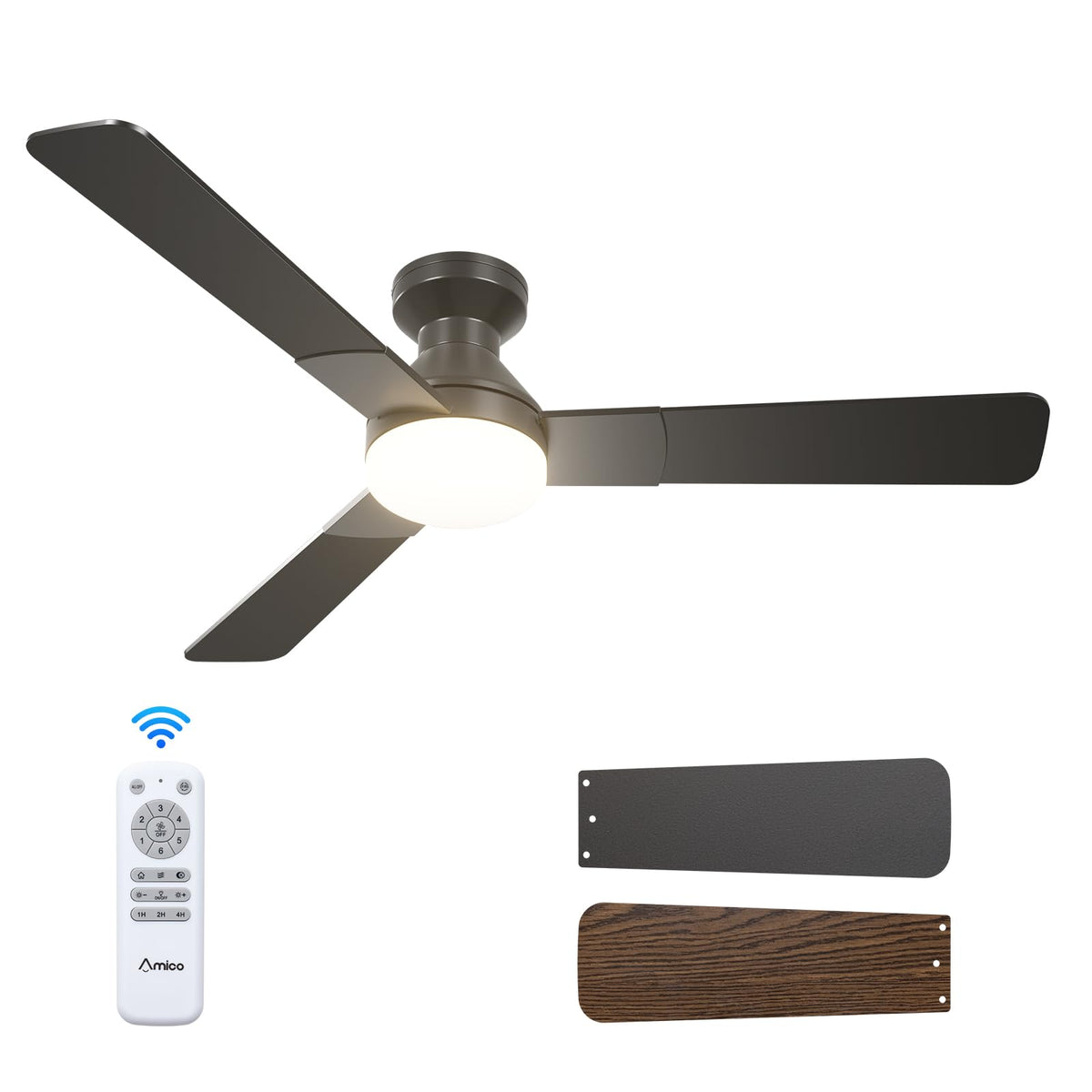 Amico 42 Inch White Low Profile Ceiling Fans with Lights and Remote | Flush mount, 3-color dimmable light, quiet reversible DC motor, easy install, memory, timer, bedroom, covered outdoor areas
