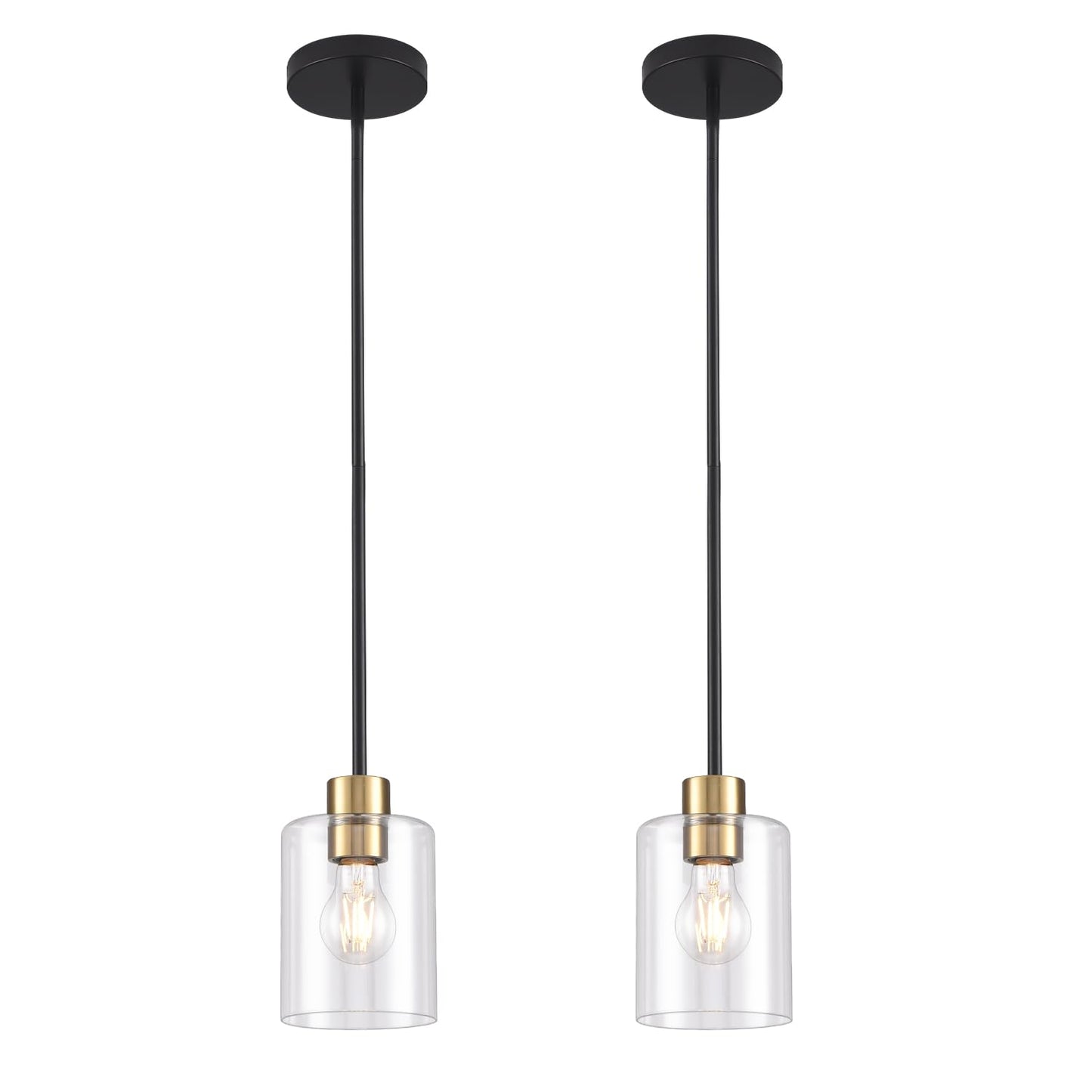 Modern Black Farmhouse Clear Glass Cylinder Pendant Light Fixture,Island Lights for Kitchen,Mini Pendant Lighting for Kitchen Island Decor - 4.75 Inch Shade 58 Inch Cord (Black 2 Pack)