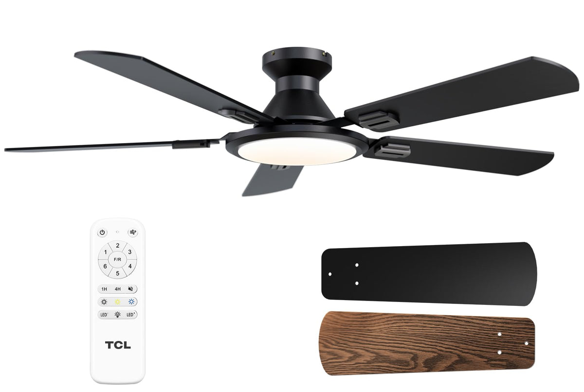 TCL 52" White Low Profile Ceiling Fan with Light & Remote | 5-blade Flush Mount fan with quiet 6-speed reversible DC motor. Dimmable LED light. Ideal for bedroom, living room & garage