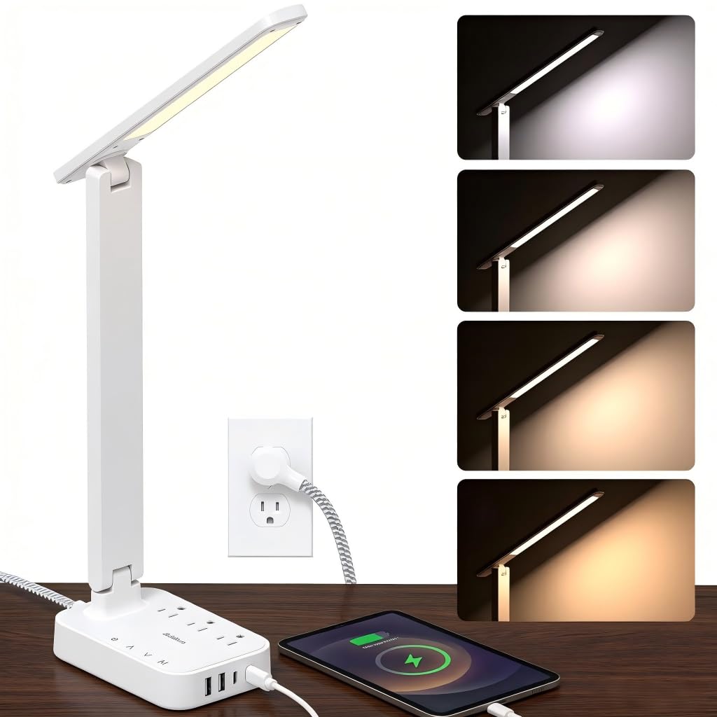 Addtam LED Desk Lamp, Power Strip with 3 Outlets 4 USB Charging Ports(2 USBC), 4 Modes 5 Level Brightness Touch Lamp, Small Desk Lamp for Home Office College Dorm Room Essentials