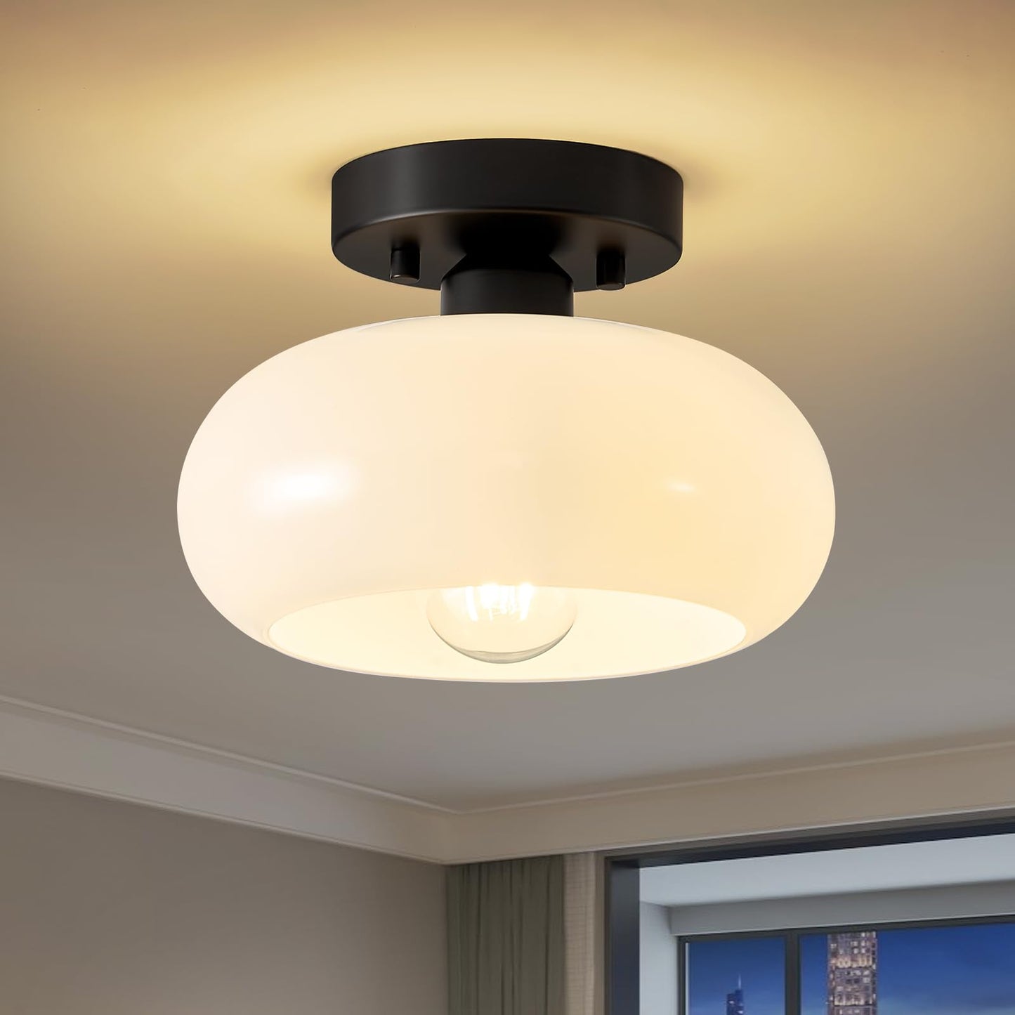 WOKNOS Mid-Century Modern Gold Semi Flush Ceiling Light 11.0 Inch | Small White Glass Shade Close to Ceiling Lighting Fixture For Kitchen Entryway Hallway Bathroom Closet Bedroom Laundry Room