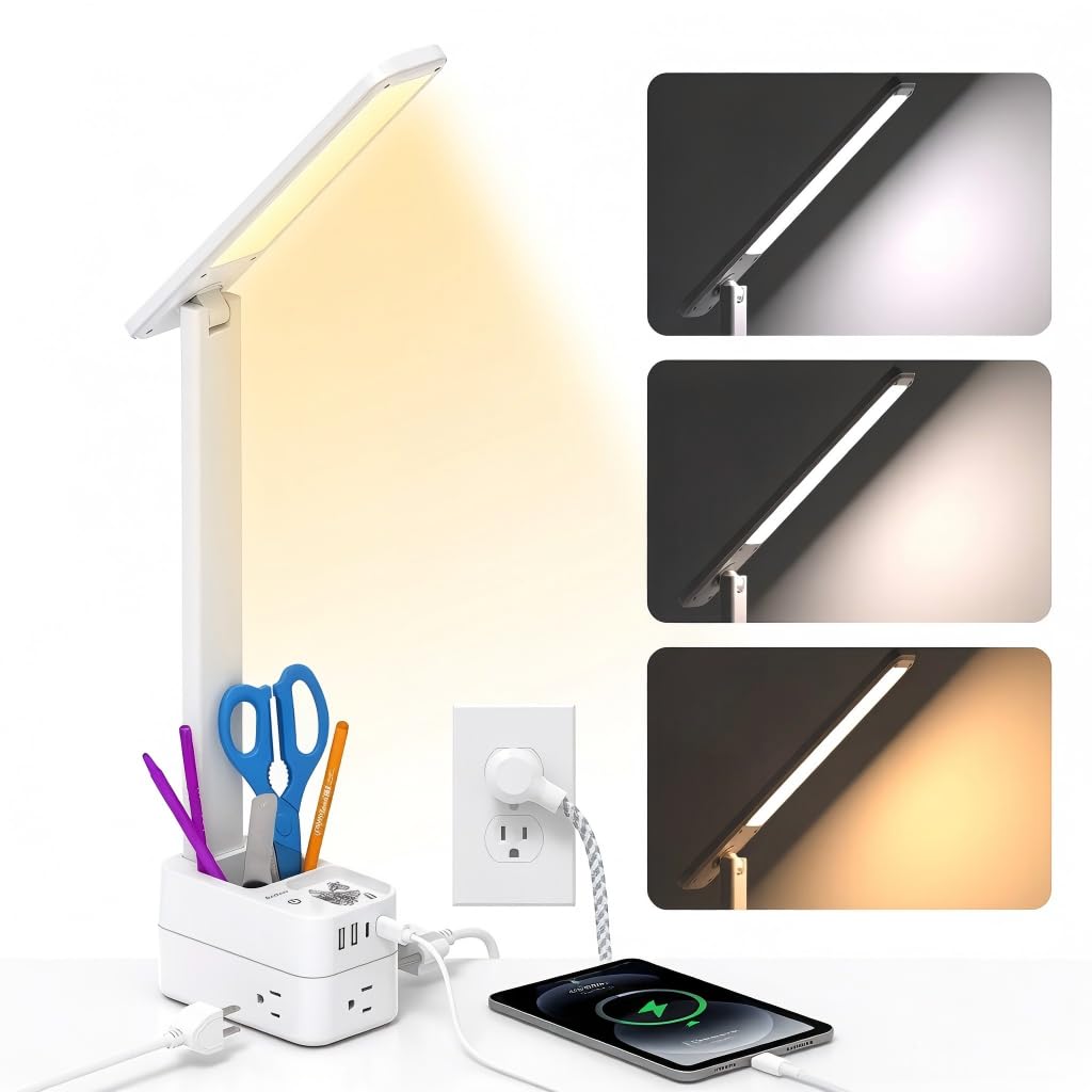 Addtam LED Desk Lamp, Power Strip with 3 Outlets 4 USB Charging Ports(2 USBC), 4 Modes 5 Level Brightness Touch Lamp, Small Desk Lamp for Home Office College Dorm Room Essentials