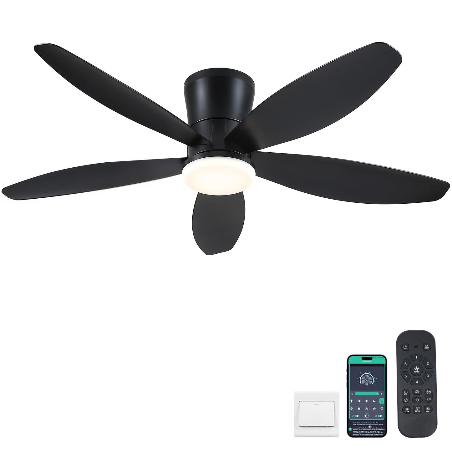 42" Ceiling Fans with Lights-Low Profile Ceiling Fan with Light and Remote Control,Flush Mount,DC Reversible,LED Dimmable Blakc Ceiling Fans for Bedroom,Indoor/Outdoor Patio Use