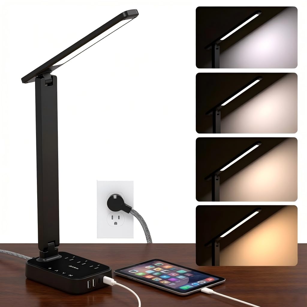 Addtam LED Desk Lamp, Power Strip with 3 Outlets 4 USB Charging Ports(2 USBC), 4 Modes 5 Level Brightness Touch Lamp, Small Desk Lamp for Home Office College Dorm Room Essentials