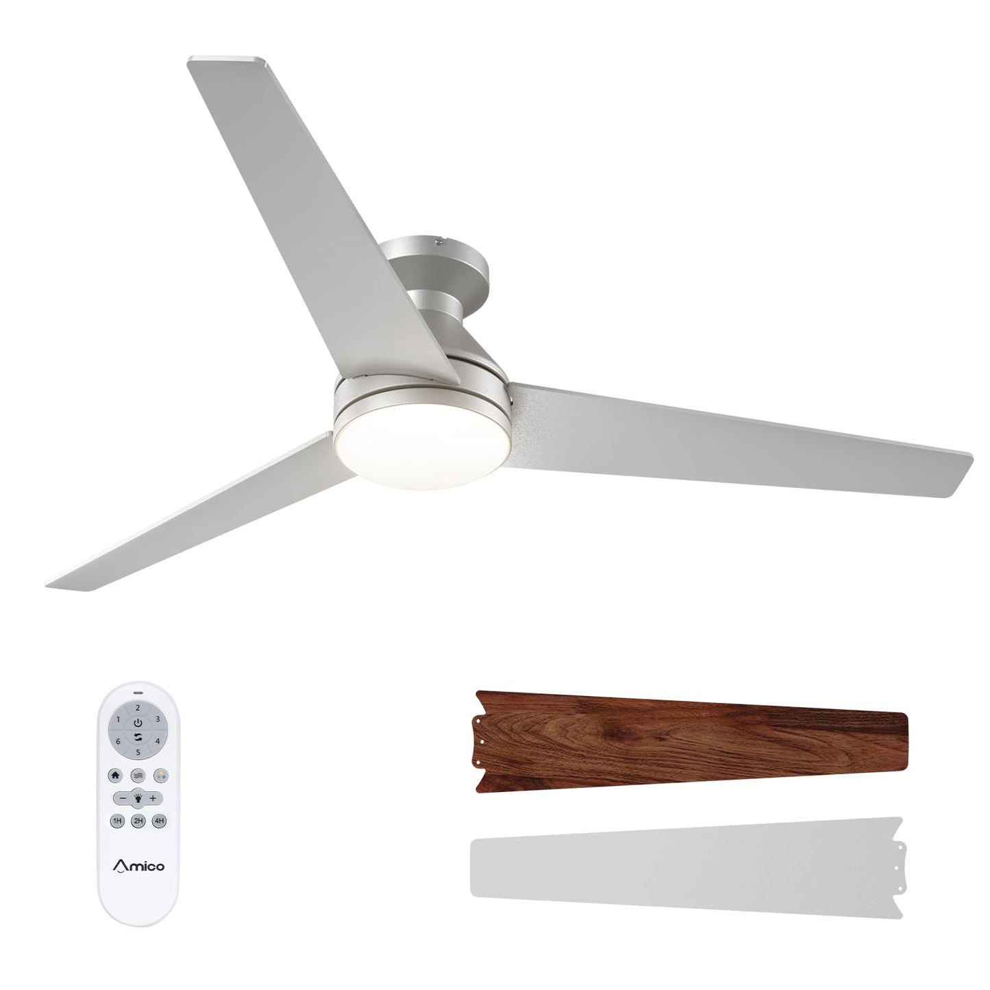 Amico 52 Inch Black Low Profile Ceiling Fans with Lights and Remote | Flush mount, 3-color dimmable light, quiet reversible DC motor, easy install, memory, timer, bedroom, covered outdoor areas