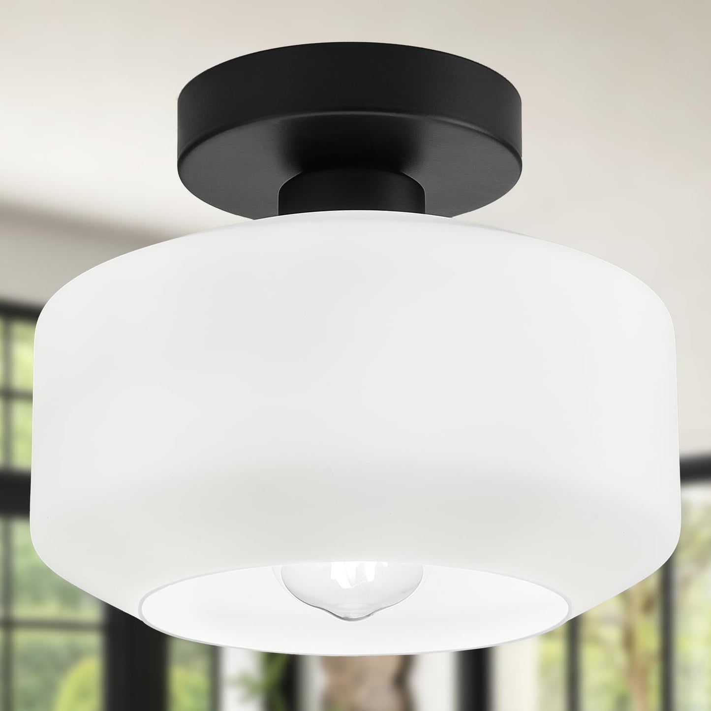 Industrial Semi Flush Mount Ceiling Light, 800 Lumen LED Bulb Included, Seeded Glass Shade Farmhouse Light Fixture for Hallway Corridor Kitchen Bathroom Bedroom Passway