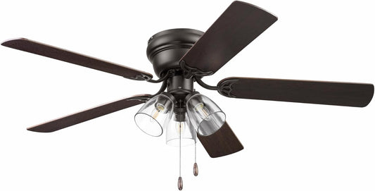 Portage Bay Ceiling Fans 52" Renton Bronze Indoor Fan with Clear 3 Light LED Multi Arm; E26/B11 Bulb and Pull-Chains, Traditional Style, 5 Reversible Barnwood/Dark Chestnut Blades, 51439