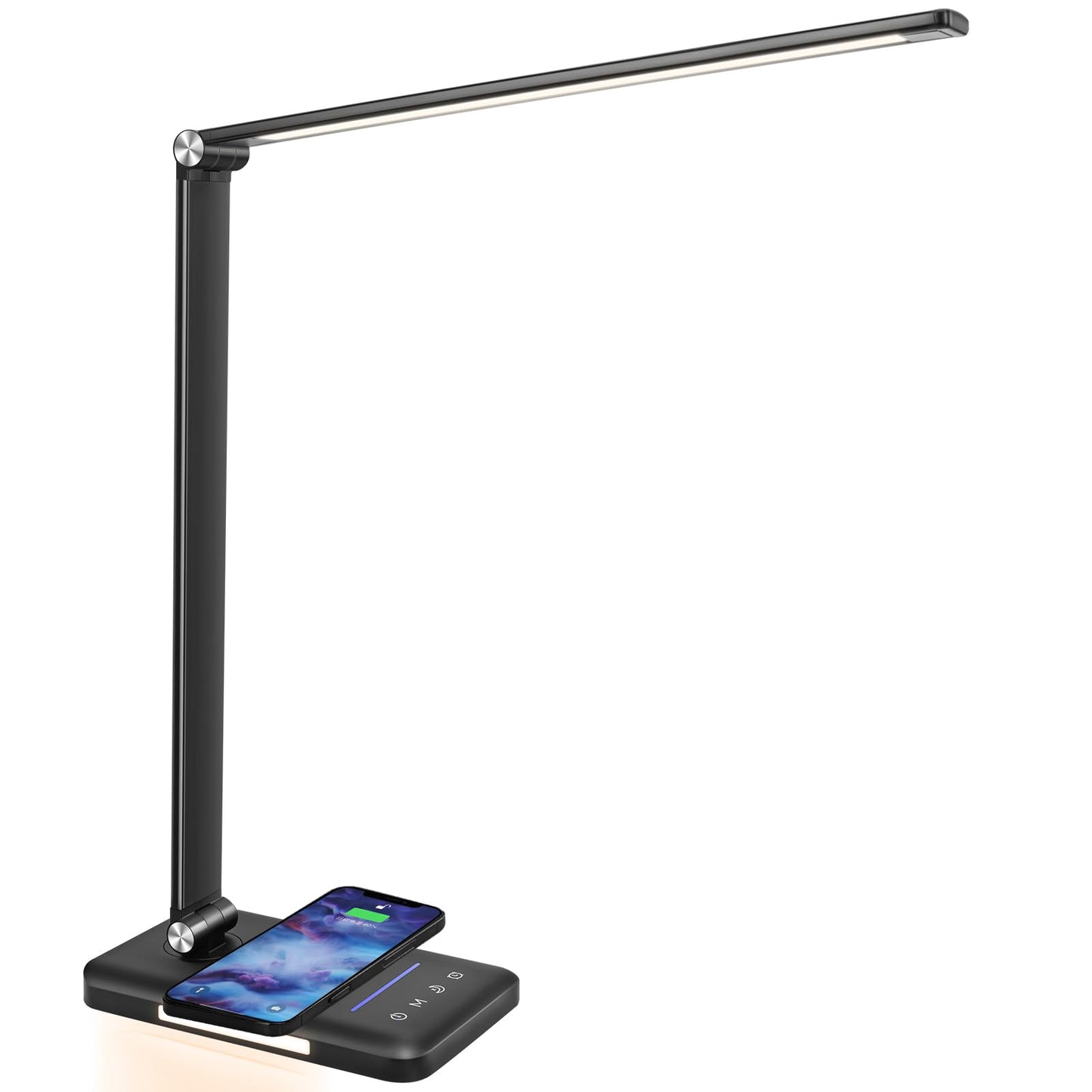 LED Desk Lamp with Wireless Charger, USB Charging Port, 10 Brightness, 5 Color Modes, Desk Lamps for Home Office, Dimmable Table Lamp Eye Caring Reading Light, Touch Control, Auto Timer, Black