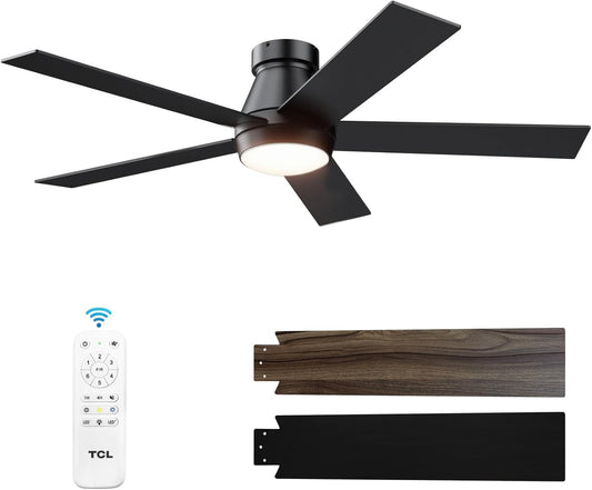 TCL 52" Black Flush Mount Ceiling Fan with Light & Remote | Low profile ceiling fan with quiet 6-speed reversible DC motor. Dimmable LED light. Ideal noiseless fan for bedroom