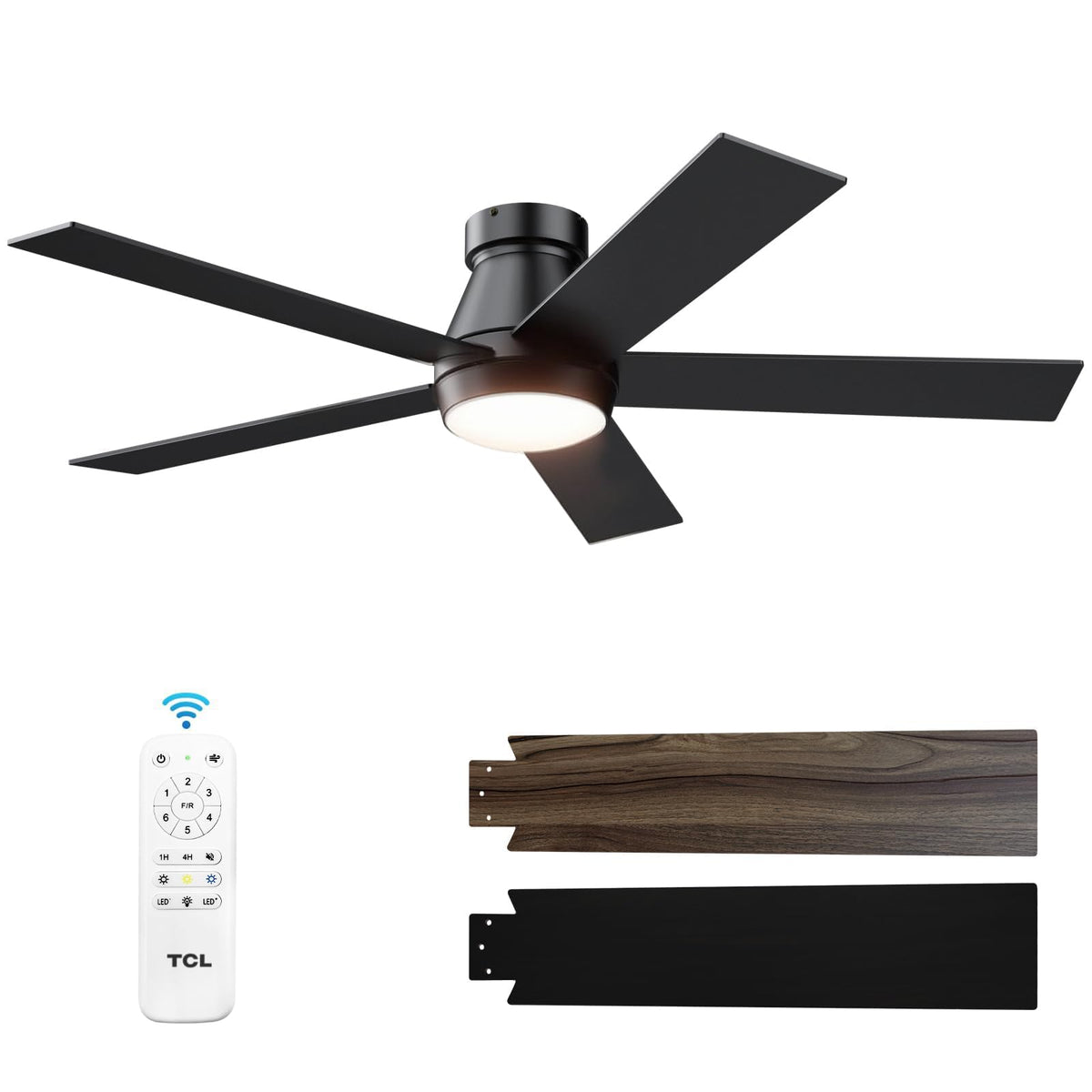 TCL 52" Black Flush Mount Ceiling Fan with Light & Remote | Low profile ceiling fan with quiet 6-speed reversible DC motor. Dimmable LED light. Ideal noiseless fan for bedroom