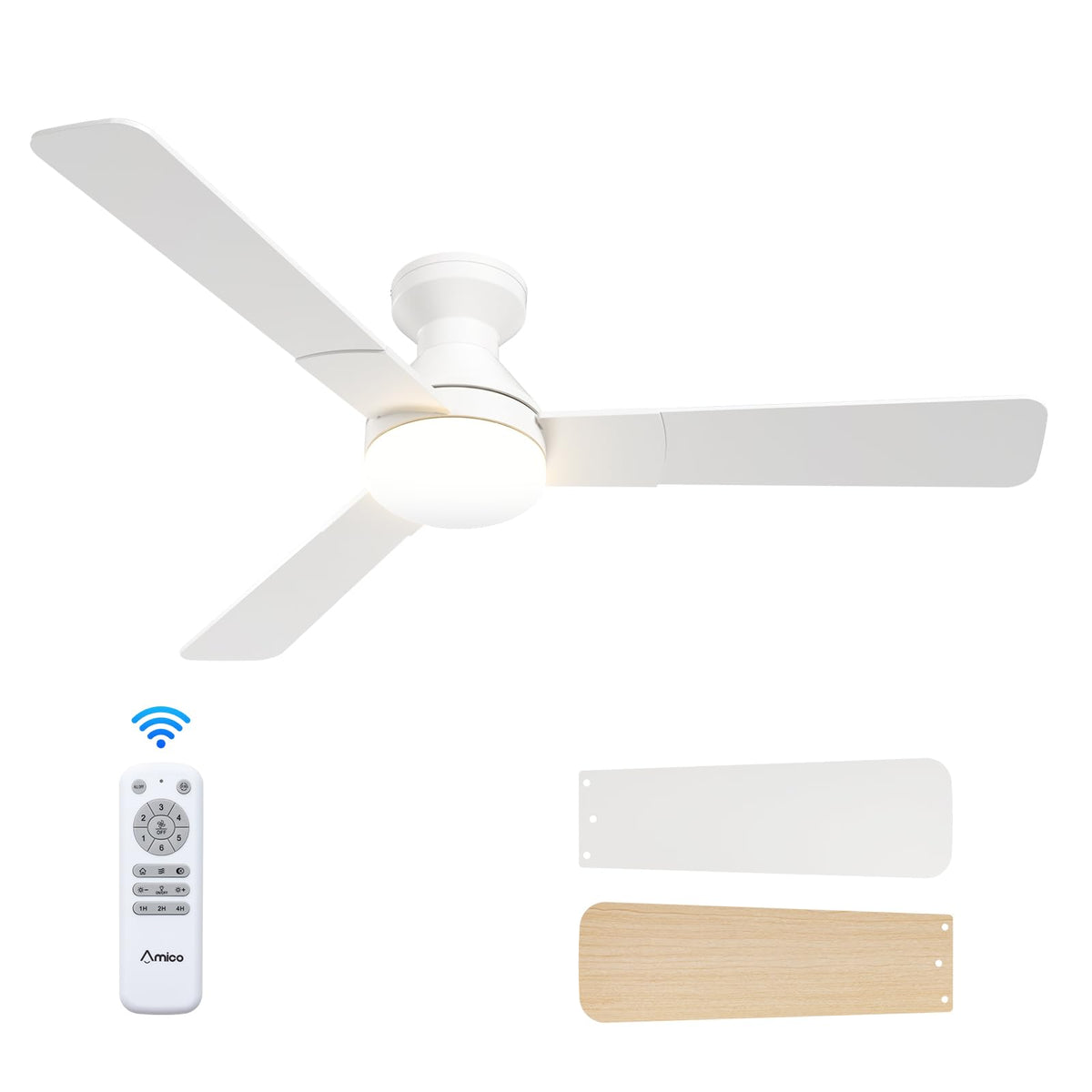 Amico 42 Inch White Low Profile Ceiling Fans with Lights and Remote | Flush mount, 3-color dimmable light, quiet reversible DC motor, easy install, memory, timer, bedroom, covered outdoor areas