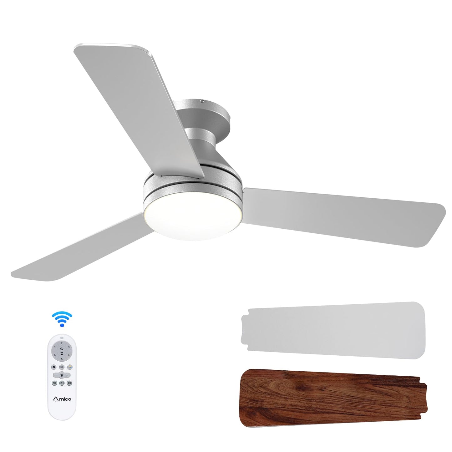 Amico 52 Inch Black Low Profile Ceiling Fans with Lights and Remote | Flush mount, 3-color dimmable light, quiet reversible DC motor, easy install, memory, timer, bedroom, covered outdoor areas