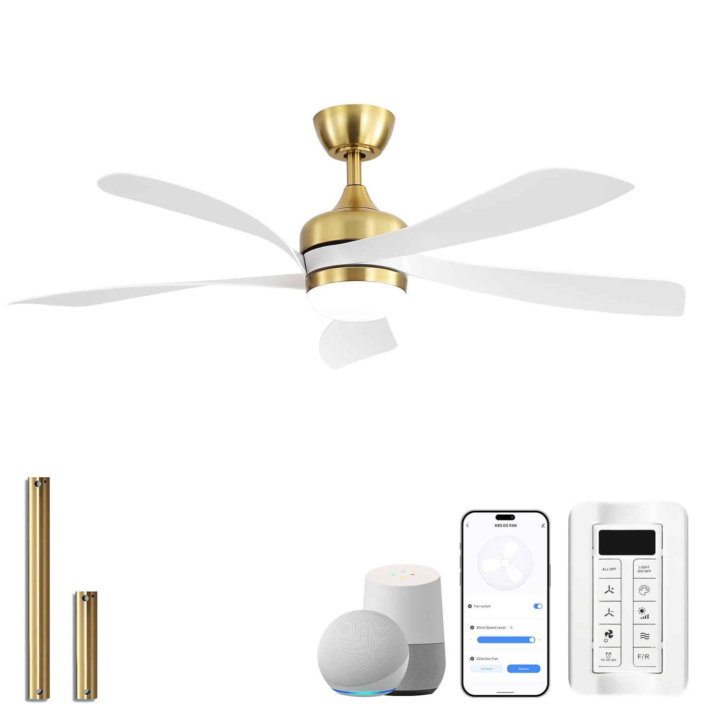Sofucor 52 Inch Ceiling Fan with Light, 5 ABS Blades Brown | Remote Control Compatible, Reversible Quiet DC Motor, Timer, 6 Speeds, 3-CCT for Living Room Bedroom Patio Farmhouse